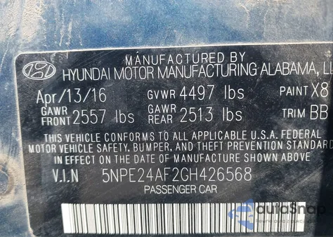 2016 Hyundai Sonata Se from USA, damaged, VIN 5NPE24AF2GH426568